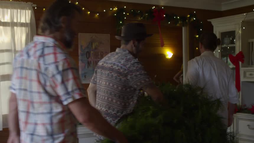 Two men carry a christmas tree into a house