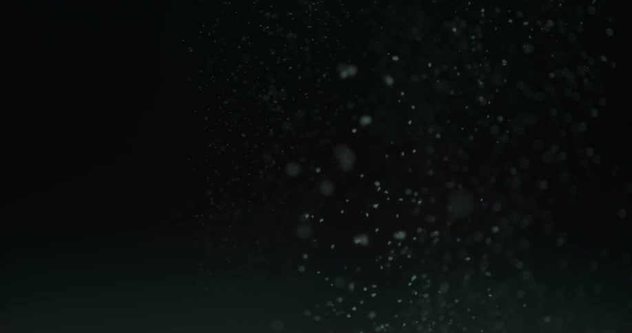 White flakes float on a black background