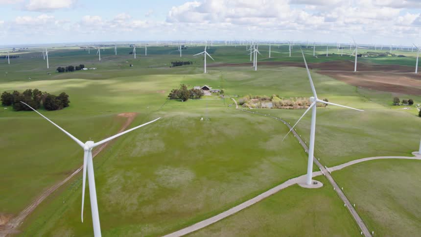 Wind turbines interconnected by roads on wind farm