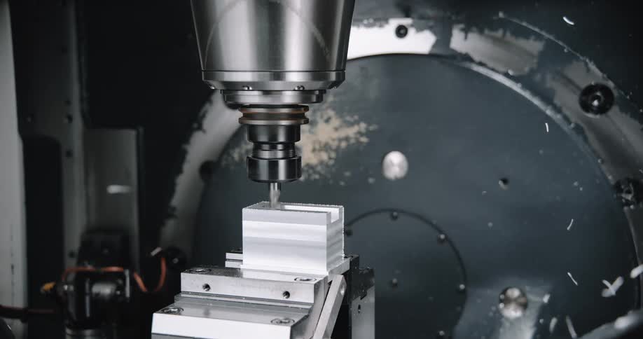 Machinery drills into a piece of metal while shavings fly through the air