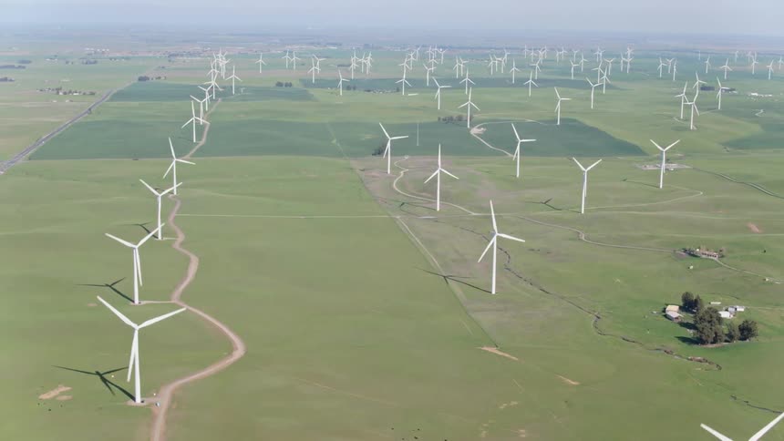 A farm of wind turbines generating power