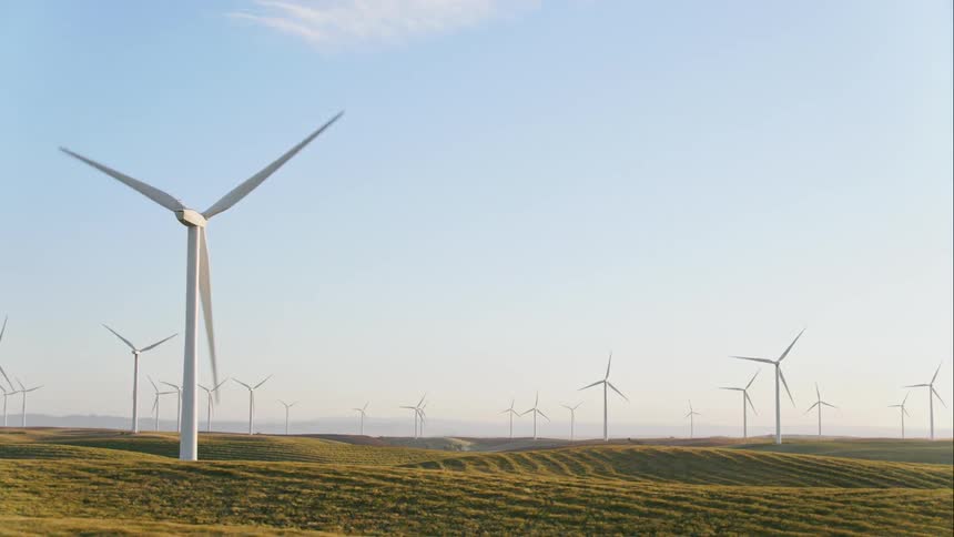 Wind turbines spin in a field