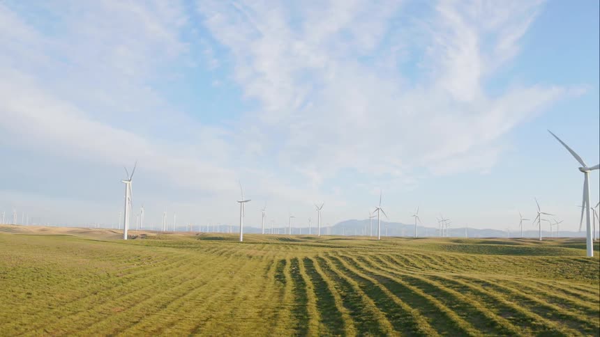 Wind turbines on green field at day