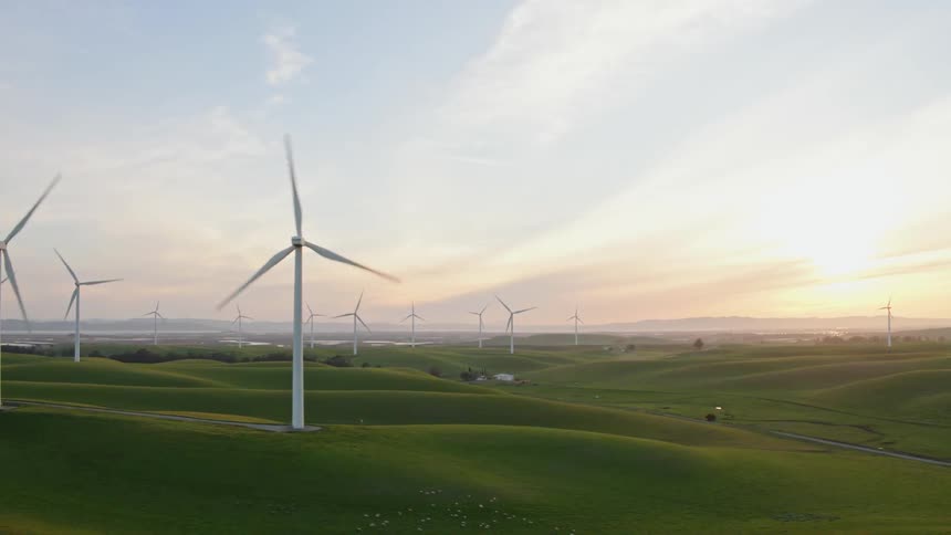 Field of windmills spinning at sunrise