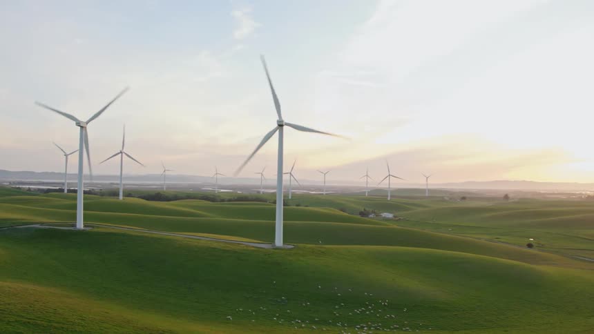 Wind turbines spin in a large open field