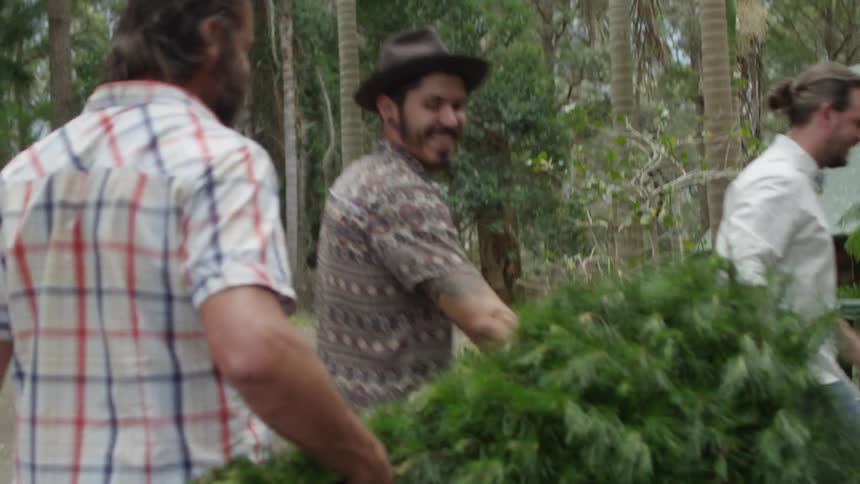 Three men remove a christmas tree from the roof of a vehicle and laugh and talk as they carry it in to a house