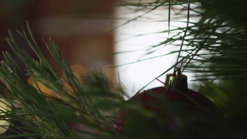 Close shot of an ornament hanging on a christmas tree