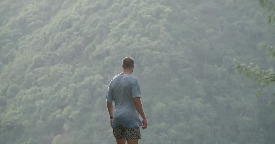 Man looks at the distant mountain forest during daylight