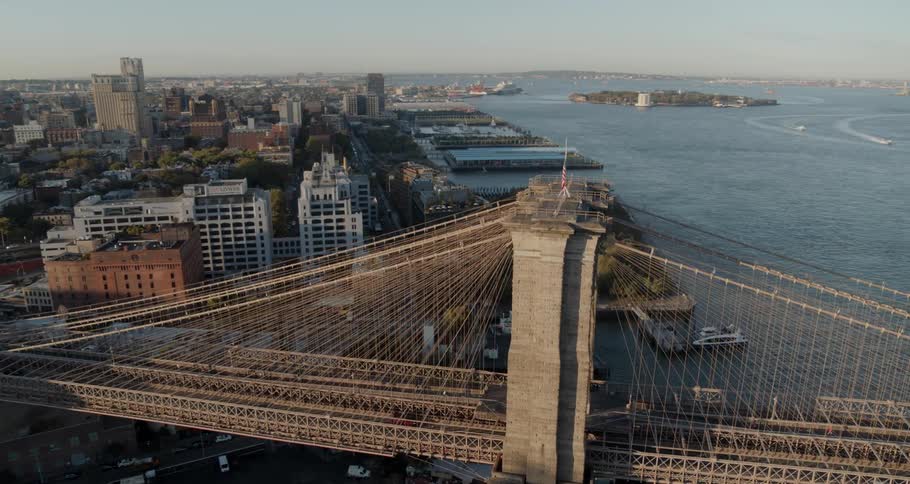 Aerial view of brooklyn bridge with horizontal and diagonal suspender cables in new york city in the afternoon