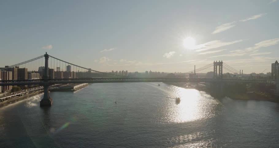 Aerial view of brooklyn bridge with horizontal and diagonal suspender cables in new york city in the afternoon