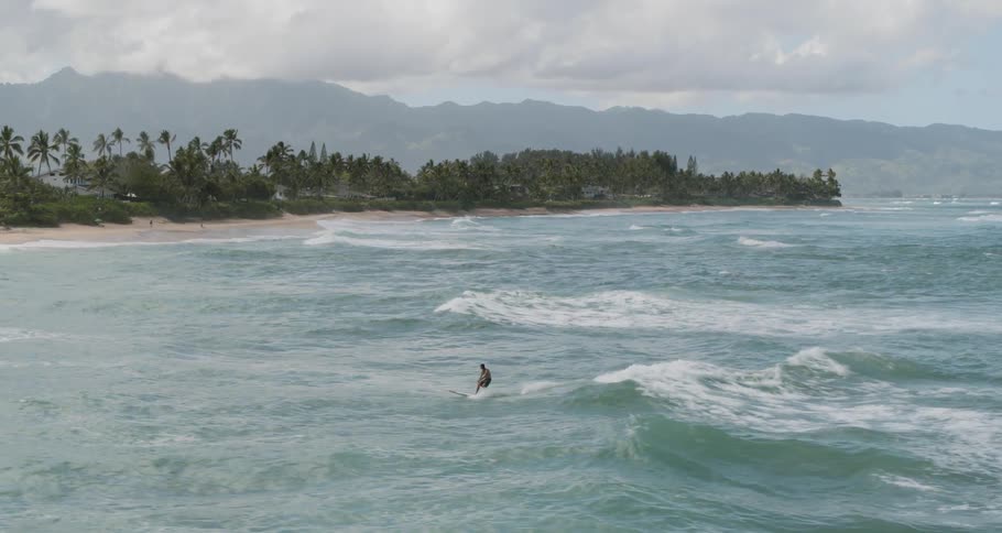 A surfer stands up and rides a wave then falls backwards when the wave dies