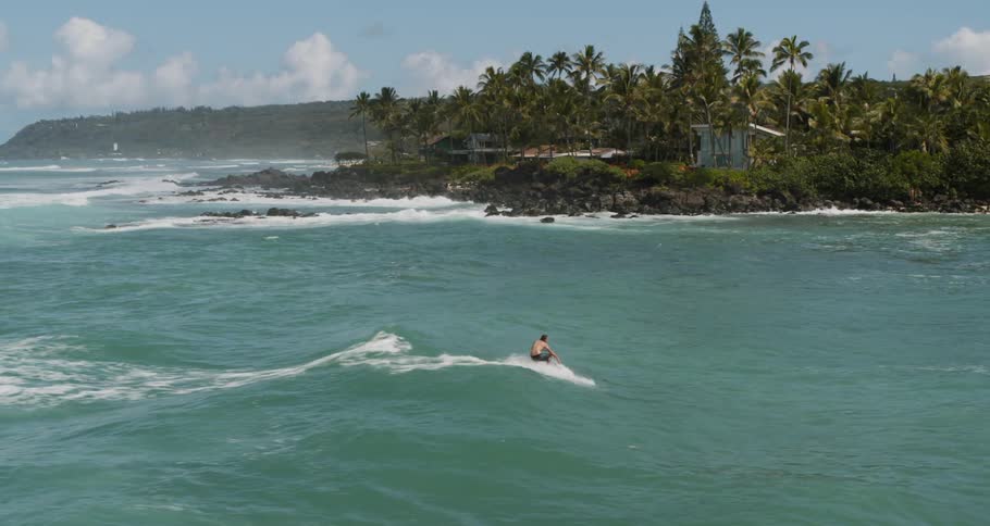 Man surfs wave in the sea on sunny day