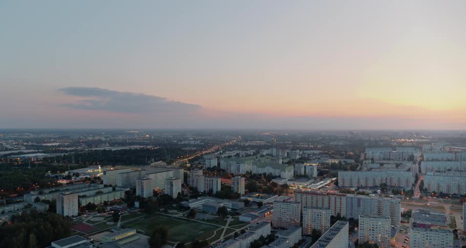 Aerial view of city at dusk