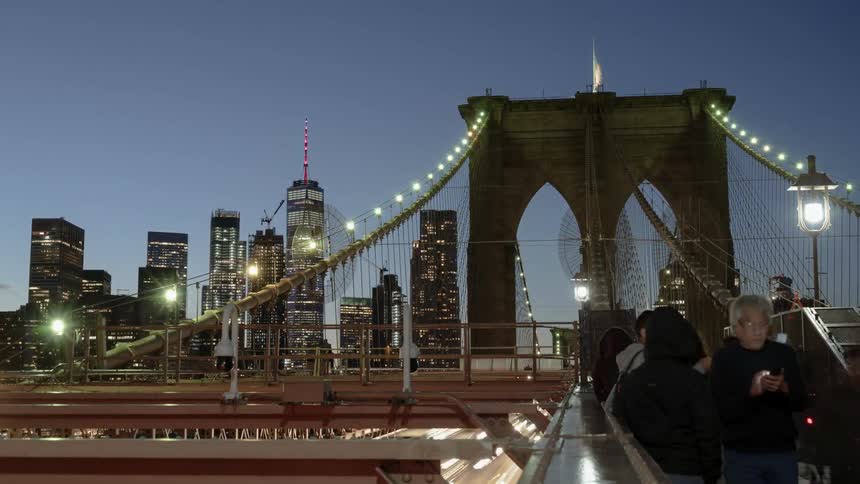 People on a bridge with the city skyline in the background
