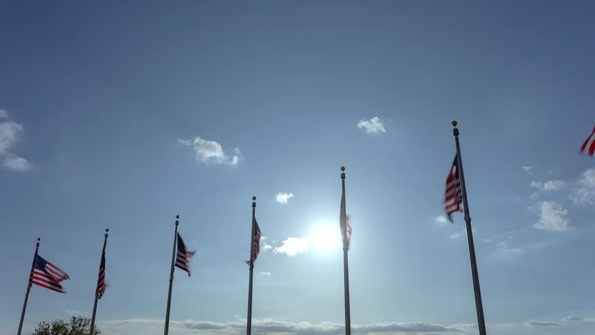 A row of american flags flutter in the breeze