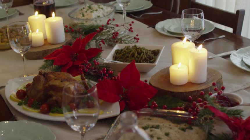A table set with holiday meals