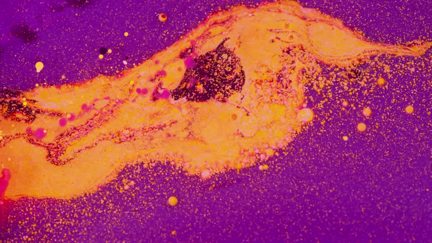 Orange bubbles and dots float on a sea of purple