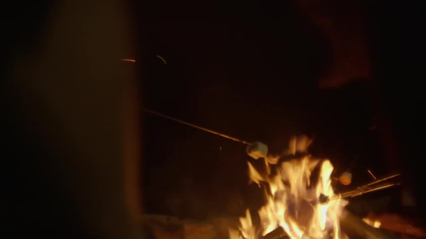 People roast marshmallows on sticks over an open campfire at night
