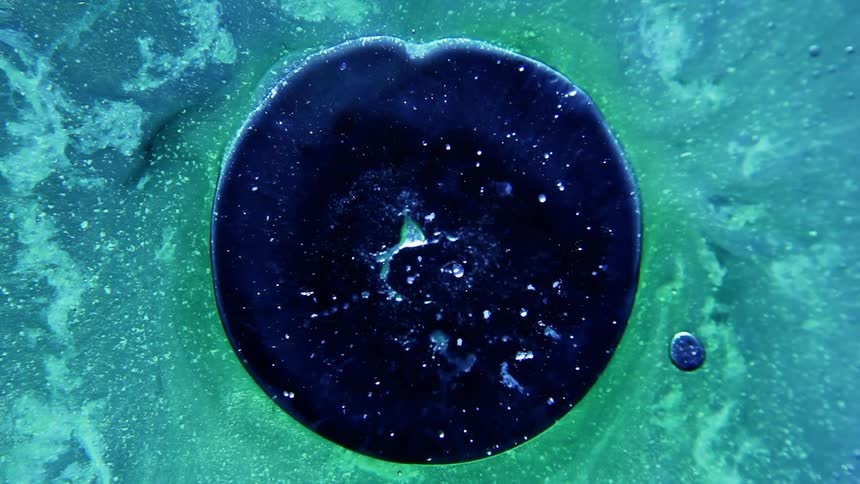 Dark blue bubble surrounded by light blue liquid