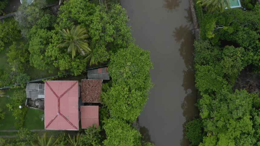 Multiple houses and trees line a river side