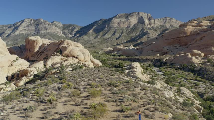 A woman in a dress stands outdoors in a dry mountainous area while playing the violin