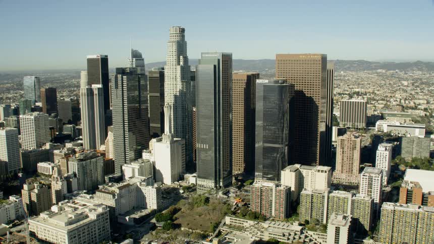 Aerial approach of Downtown Los Angeles