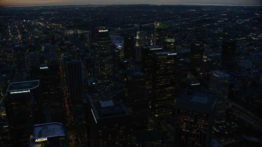 Aerial view of a city lit up at night