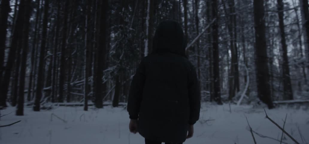 A person hikes through a snowy forest