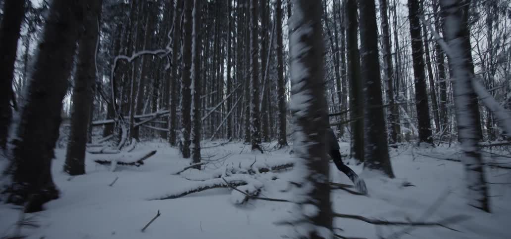 A child runs through a snowy forest