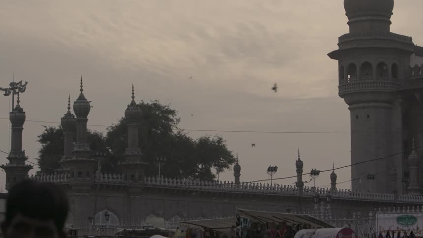 Birds flying around a mosque