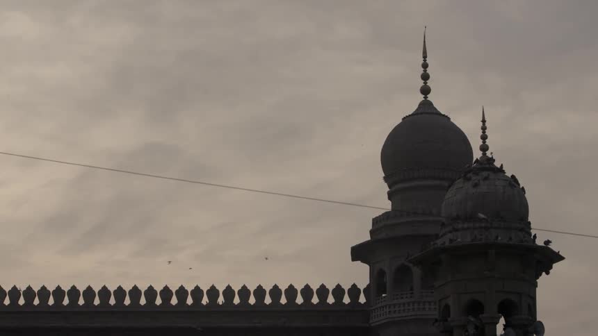 Birds fly by a mosque on a cloudy day