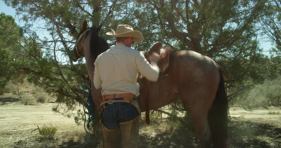 A man puts a saddle on a horse