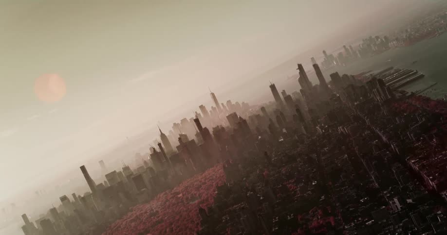 An aerial view of skyscrapers in a large smoggy city