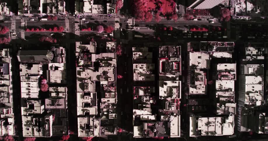 An aerial view of buildings and skyscrapers in a city