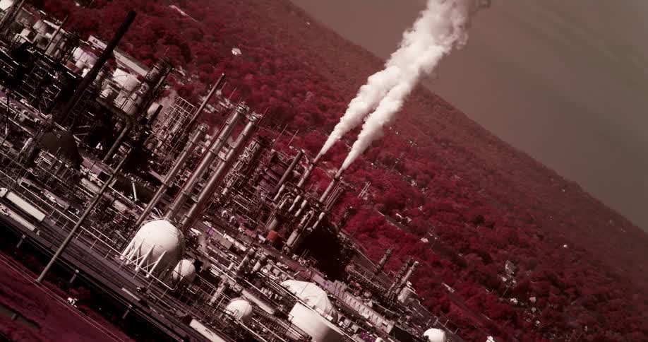 Chimneys bellowing smoke in an industrial region with a highway in the foreground