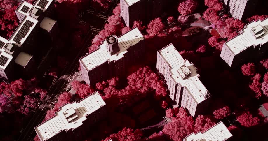 A series of high rise buildings viewed from the air