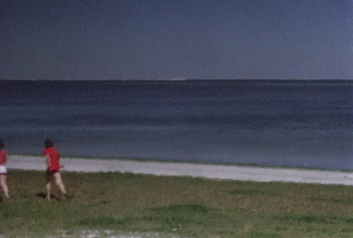 Wide view of a large bridge spanning the ocean and several people walking along a beach