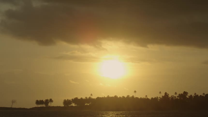 The sun glows in a hazy sky over palm trees and ocean
