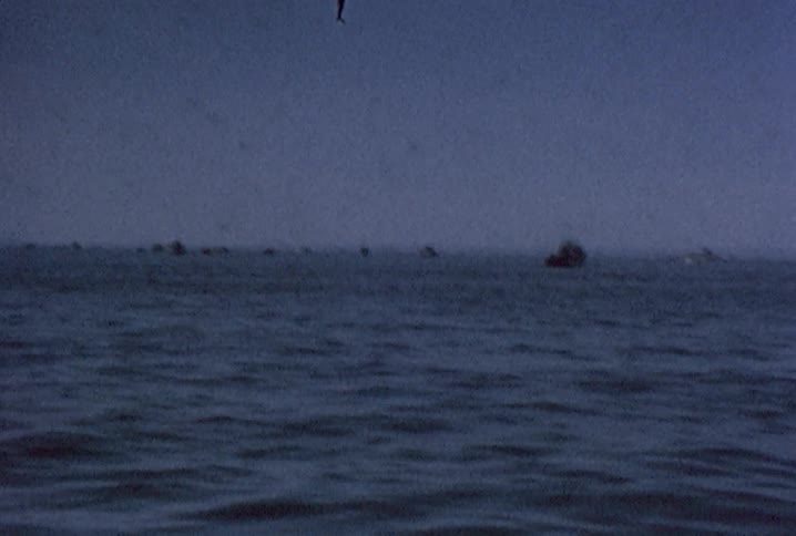 Lots of small to mid-size boats seen on the ocean from a small boat with fishing poles in use