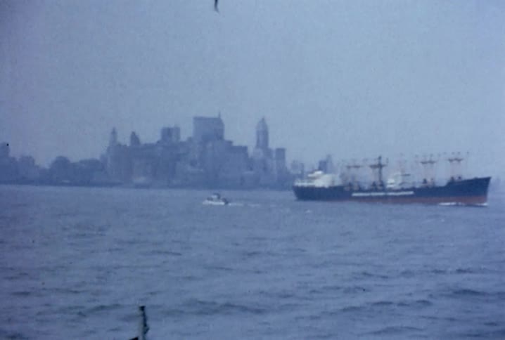 A ship sails on the ocean