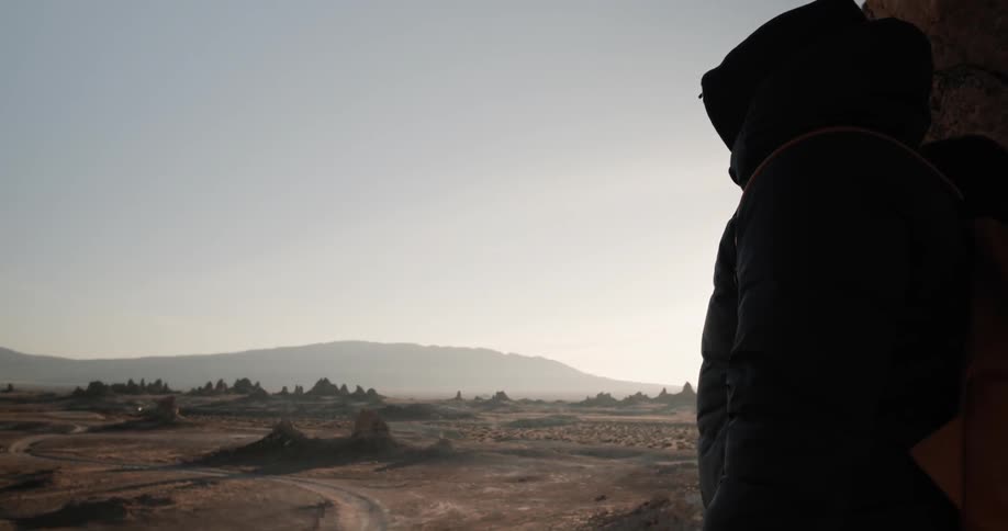 A person stands near the badlands