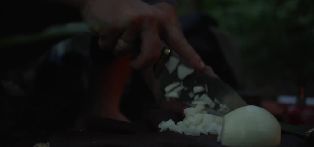 Person chopping onions outside