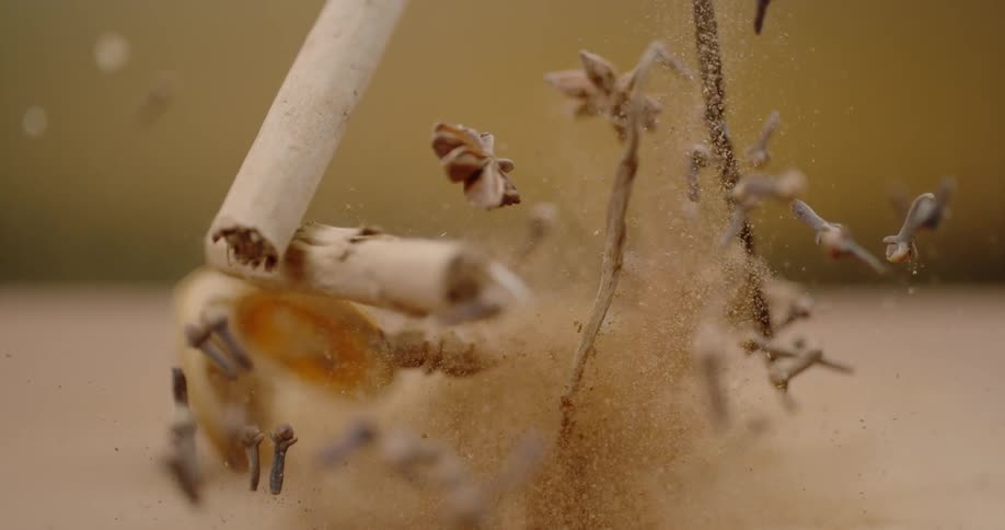 Lemon slices and spices fly through the air
