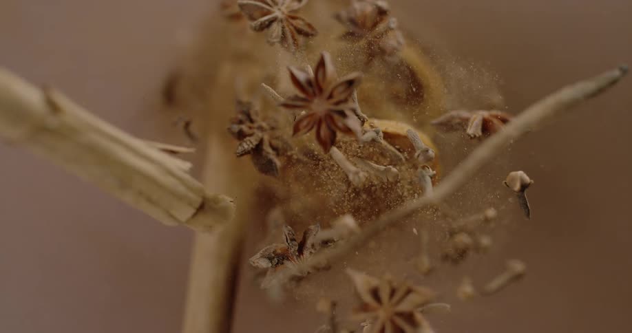 Star of anise lemon slice and cinnamon sticks flying in the air