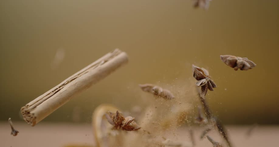 Abstract shot of spices and lemon slices flying up in the air