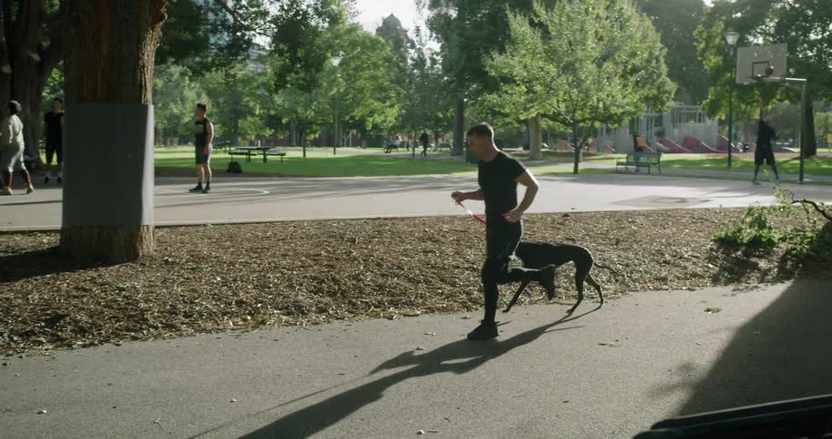 A man jogs with his dog on a pedestrian pathway beside a basketball court