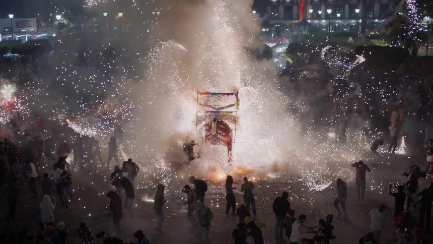 A pyrotechnic festival with fireworks racing across the crowd