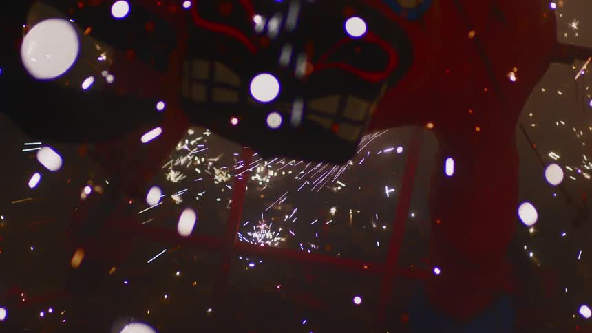 Light display swirls over air filled bull