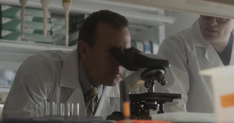A male scientist looks into a microscope