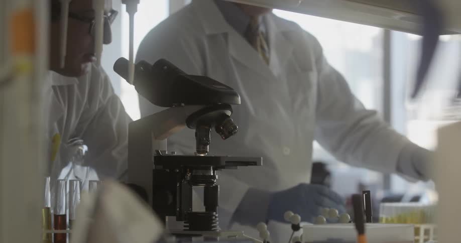 Researcher in a lab observing a slide through a microscope